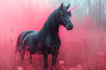 A black unicorn stands in a field of pink grass © rjankovsky