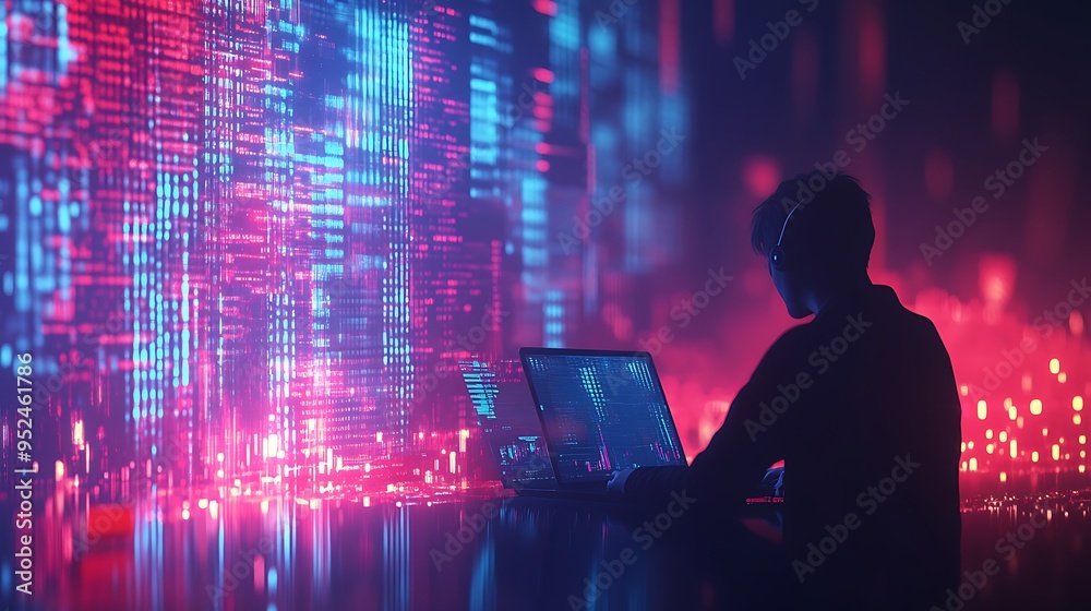 Wall mural Silhouette of a Hacker Working in a Neon-Lit City