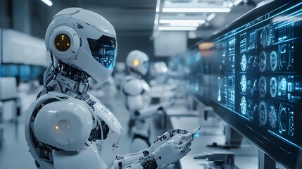 Futuristic design lab with robotic parts being assembled and holographic displays Clean lines high-tech minimalist sterile setting detailed 3D robots