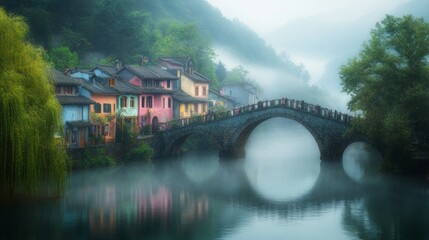 Fototapeta premium A serene landscape of colorful homes by a tranquil river. A graceful bridge arches over the water, surrounded by lush greenery. Perfect for relaxation and nature lovers. AI