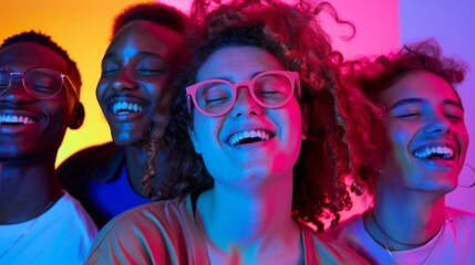 Naklejka premium group of people smiling on colorful neon background