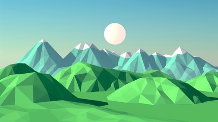 A beautifully stylized polygonal landscape featuring majestic mountains and a radiant sun