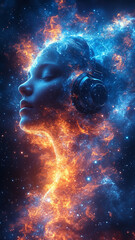 Fototapeta premium A woman's face is surrounded by a fiery orange and blue cloud