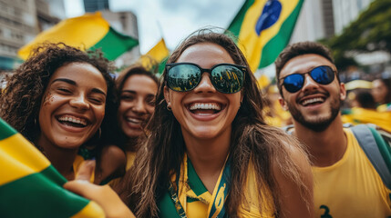 photo of group of cheerful brazilians with brazilian flags on street of rio de janeiro, brazil independence day, country symbol, festival, holiday, carnival, woman, man, celebration, yellow, green