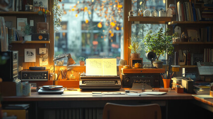 A serene workspace blending sustainability with analogue tech,, solar-powered lamps, and durable, low-impact gadgets, symbolizing mindful creativity and a harmonious, sustainable lifestyle.