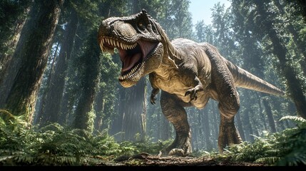 A detailed 3D rendering of a Tyrannosaurus Rex hunting in a dense forest, with prey in sight