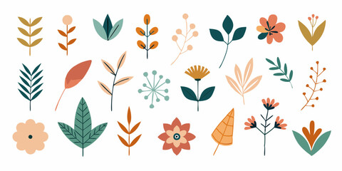 Set of boho simple geometric branch and flowers. Botanic design elements in wavy and vintage style on white background