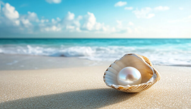 pearl on shell in a beach generated by AI