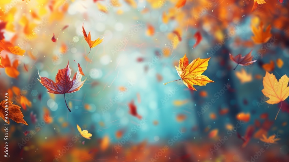 Poster a beautiful autumn scene with leaves falling from trees