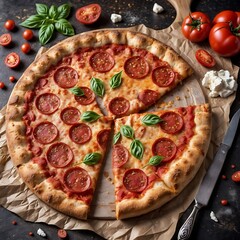 A mouthwatering pepperoni pizza, fresh out of the oven, with a perfectly baked golden crust. The pizza is generously topped with spicy pepperoni slices, bubbling mozzarella cheese, and a rich tomato.