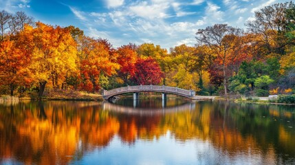 Fototapeta premium A beautiful autumn landscape featuring vibrant colored trees reflecting in calm water. A charming bridge enhances the serene view of nature. Perfect for relaxation or inspiration. AI