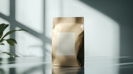 Minimalist Mockup of Paper Packaging Bag with Blank Label on Reflective Surface