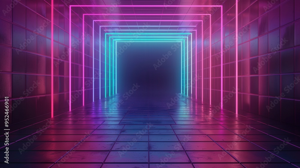 Wall mural futuristic neon grid, an abstract background showcasing a vibrant grid pattern illuminated by a stri