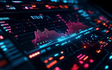 Close-up Photo of a Digital Financial Dashboard with Upward Trend Graphs and Glowing Elements
