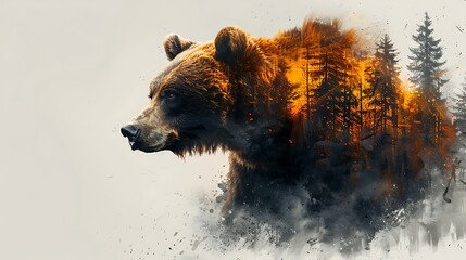 A brown bear silhouette with a burning forest inside.