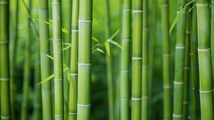 Serene Bamboo Grove, a tranquil landscape filled with towering green stalks, rustling leaves, and dappled sunlight filtering through the dense canopy, inviting peace and reflection