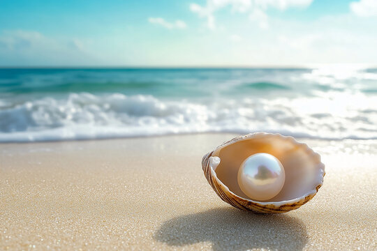 pearl on shell in a beach generated by AI