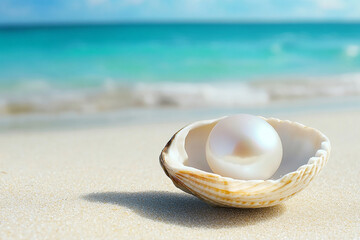 pearl on shell in a beach generated by AI