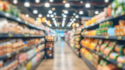 Blurred background. A vibrant grocery aisle filled with fresh produce and products, enticing shoppers with colors