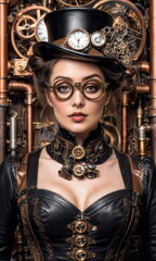 A woman wearing a steampunk-inspired outfit with goggles, a top hat, and a leather vest stands in front of a background of intricate clockwork gears.