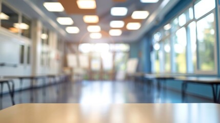  Blurred background. A Brightly Lit and Empty Classroom that Features a Modern and Innovative Design Concept