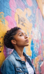 Naklejka premium A young black woman stands confidently, gazing thoughtfully while leaning against a vibrant, graffiti-covered brick wall in an urban setting.