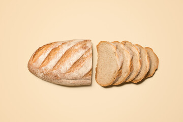 Bread, sourdough and lunch food in studio with bakery, wheat and grain product for cafe or restaurant from above. Meal, yeast and baked goods with ciabatta and sandwich with yellow background