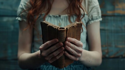 A woman is holding a book in her hands