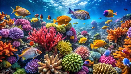 A vibrant underwater landscape featuring a mix of colorful corals, sponges, and various species of fish