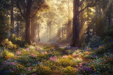 Naklejka premium A serene forest scene bathed in golden light, featuring vibrant flowers and towering trees, creating a tranquil nature escape.