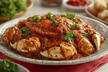 Fototapeta premium Steamed Crab in Spicy Red Sauce with Parsley Garnish