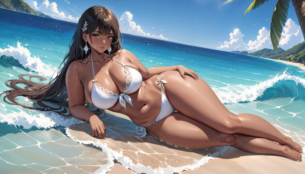 A young black anime woman stands confidently at the shoreline, dressed in a white bikini and cover-up, enjoying the warm sun and ocean breeze.