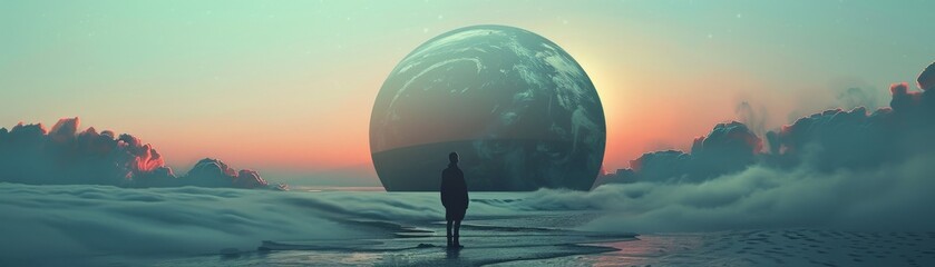A serene landscape featuring a lone figure gazing at a giant planet amidst ethereal clouds and soft pastel hues.