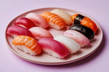 Assortment of Colorful Nigiri Sushi on a White Plate