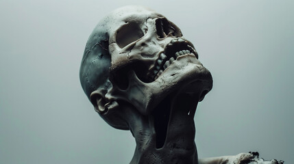 A weathered human skull, with visible fractures and worn textures, gazes upwards against a muted gray background, highlighting the texture and significance of the skull itself.