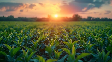 Green field of young plants with a bright sunset in the background.