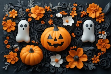 3D clay design of Halloween decorations with pumpkins and ghosts on a dark gray background with orange floral patterns and white flowers.