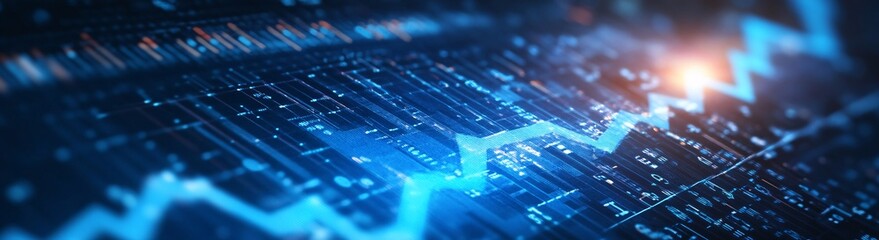 Blue graph with upward arrow representing financial growth and data analysis in digital environment