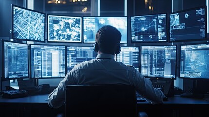 Advanced 911 call center with police officers managing emergency calls and monitoring digital screens. Ideal for law enforcement visuals.