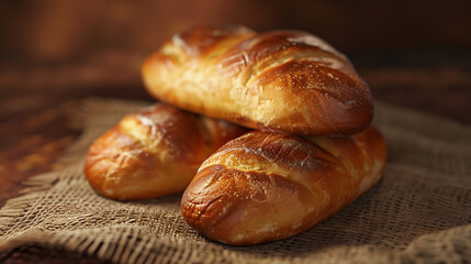 Fototapeta premium Close-up of freshly baked golden brown loaves of bread on a rustic burlap cloth, emphasizing the crisp crusts and soft texture.