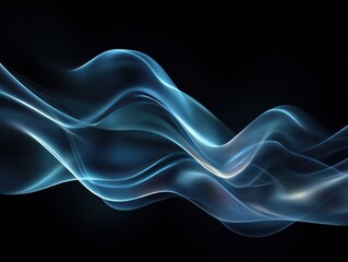 A flowing smooth wave with transparent blue light beams on a dark background. 