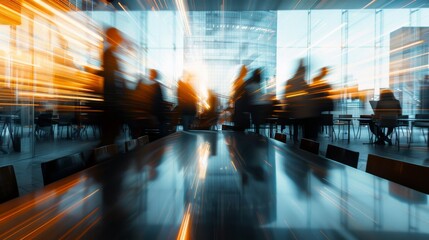 Long exposure shot. A dynamic office with blurred movement and activity, promoting collaboration in a modern workspace