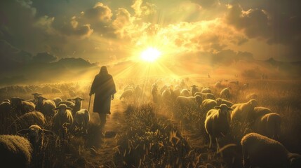 Shepherd Jesus Christ leading the flock and praying to Jehovah God and bright light sun and Jesus silhouette background in the field