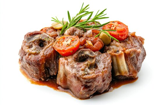 Hearty Osso Buco: Braised Veal Shanks Cooked with White Wine, Tomatoes, and Aromatic Vegetables. isolated on white background 