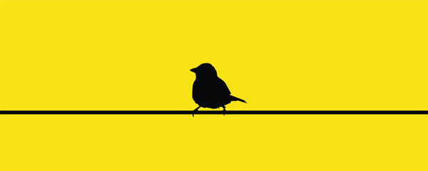 Minimalist Silhouette of a Bird on a Wire. A simple and striking design featuring a black bird silhouette perched on a thin line against a vibrant yellow background, symbolizing simplicity and peace.