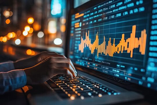 Hands typing on a laptop with financial data on the screen. This photo can be used to represent financial technology and digital trading.