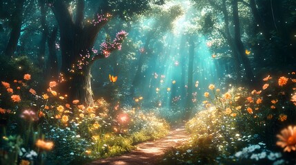 Obraz premium Mystical enchanted forest with dreamlike atmosphere glowing flowers ethereal creatures