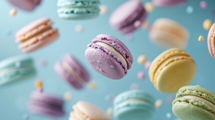 Colorful Macarons are Beautifully Floating Gracefully in the Air, Creating a Delightful Scene