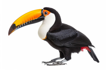a black and white toucan with a bright orange beak