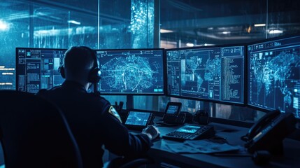 Advanced 911 call center with police officers managing emergency calls and monitoring digital screens. Ideal for law enforcement visuals.